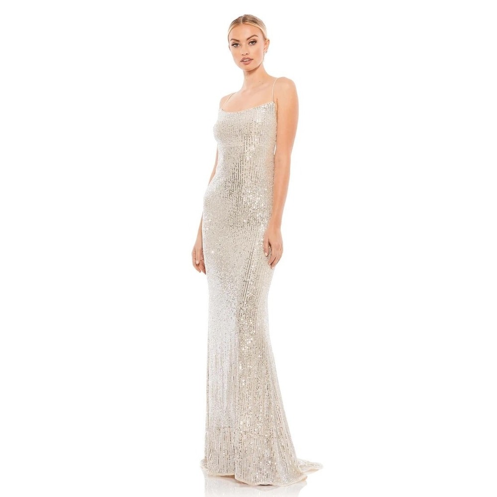 Mac Duggal 26269 Nude Silver Stretch Sequin Lace Up Back Evening Gown